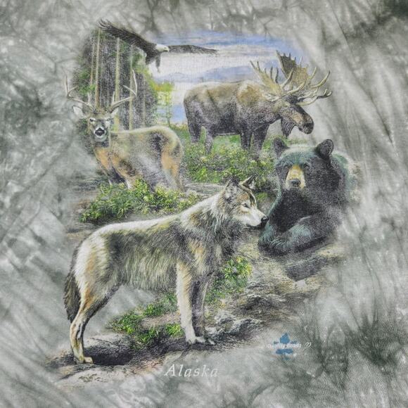 VINTAGE TIE DYE ALASKA WILDERNESS CANADA QUALITY GOODS CREWNECK WOLF BEAR - Picture 2 of 5